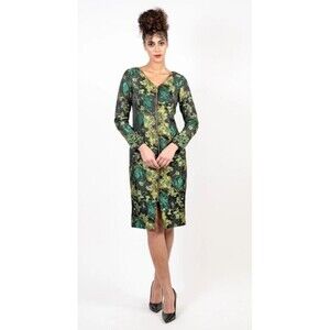 Cenia New York Dress NWT Green Brocade Beaded Sleeves Front Zip Retail $450 Sz 6